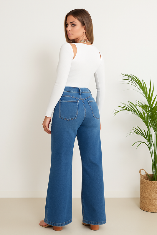 Wide Leg Medium Blue Front Slit