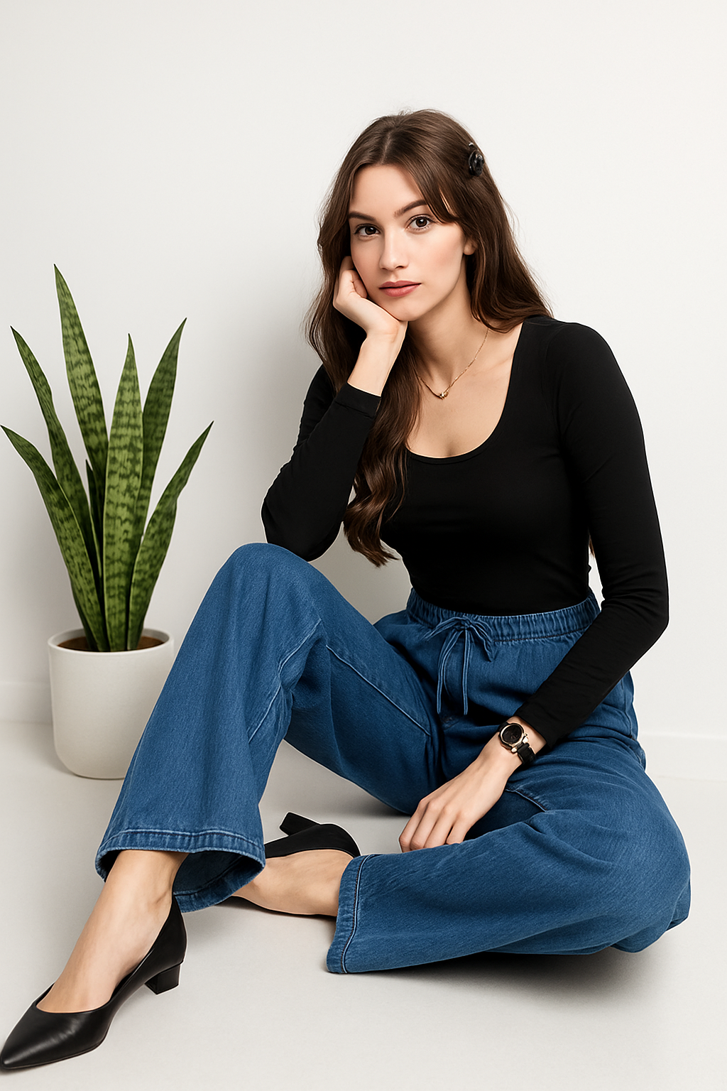 Wide leg Medium Blue Elastic Waistband