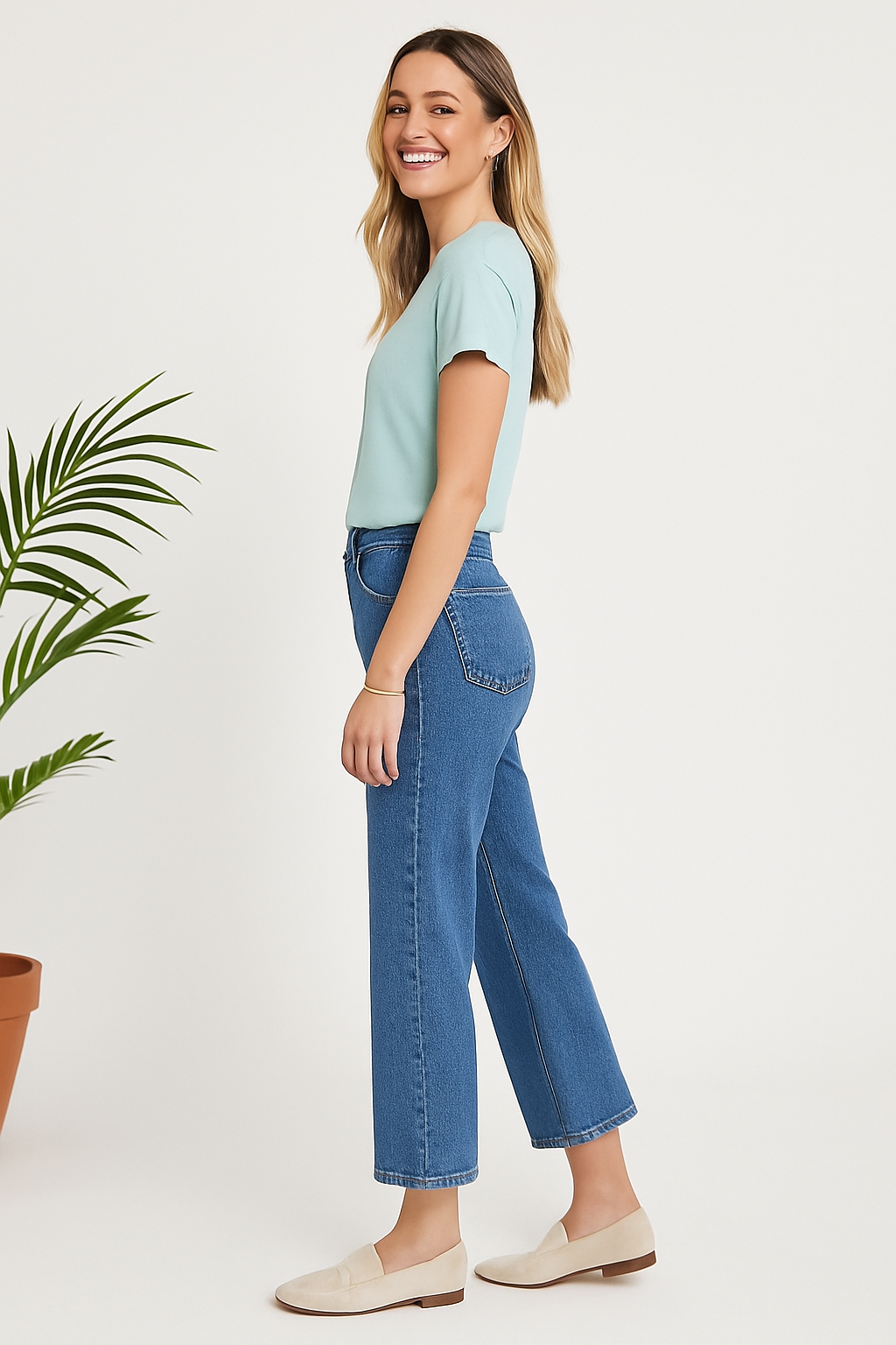Wide Leg Stone Wash Medium Blue Cropped