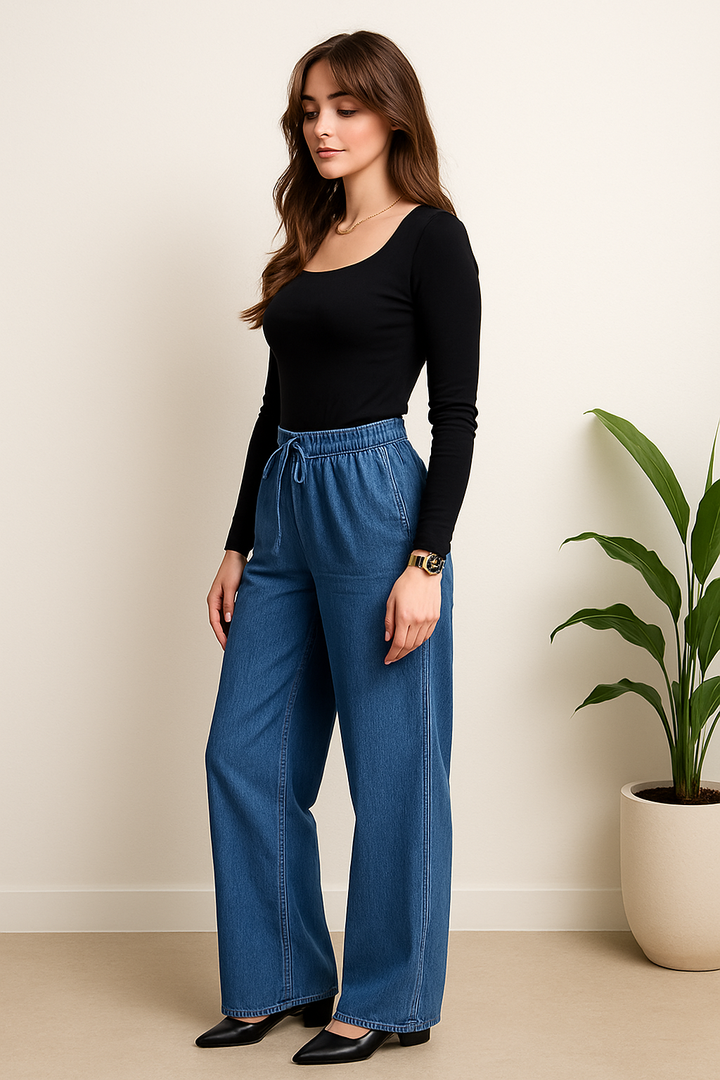 Wide leg Medium Blue Elastic Waistband