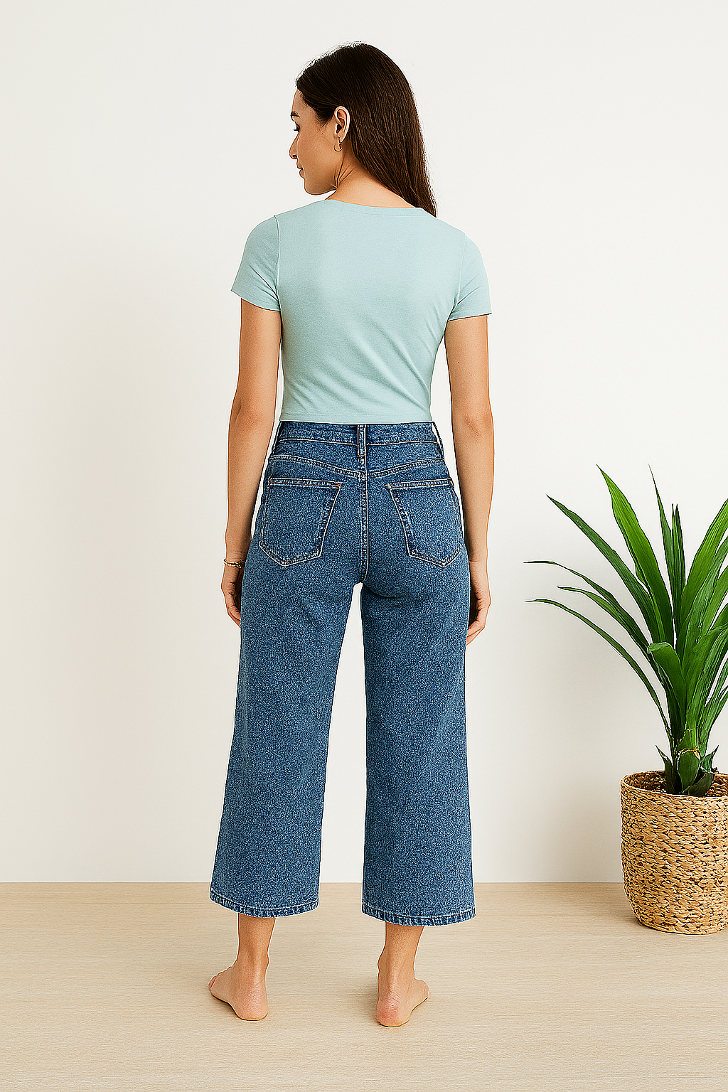Wide Leg Stone Wash Medium Blue Cropped