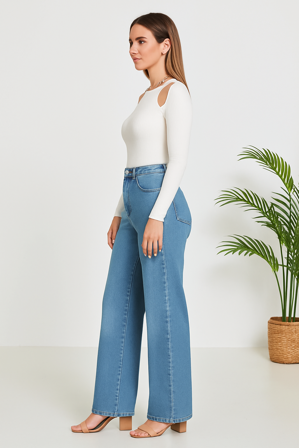 Wide Leg Medium Blue Front Slit