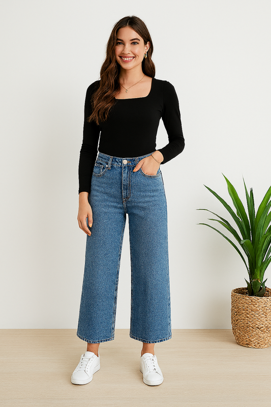 Wide Leg Stone Wash Medium Blue Cropped