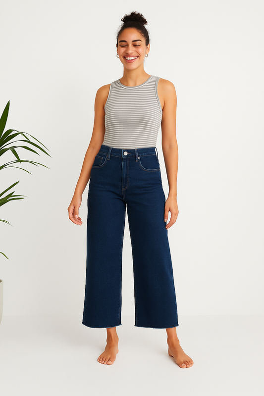 Wide Leg Cropped Hem Dark Blue