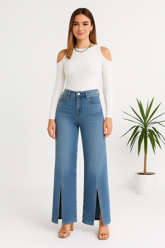 Wide Leg Medium Blue Front Slit