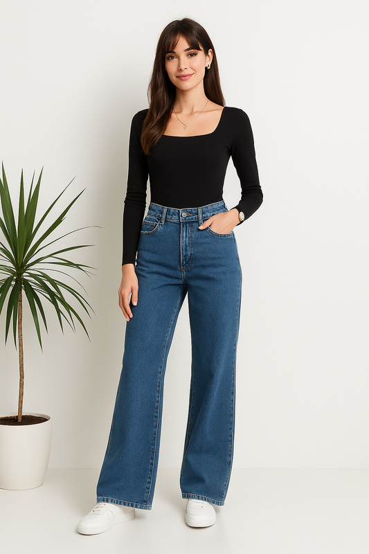 Wide Leg Stone Wash Medium Blue