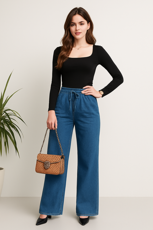 Wide leg Medium Blue Elastic Waistband